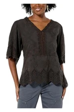 Democracy Woven Cotton Crochet Trim Peplum Top Black