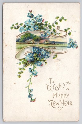 New Year Postcard Forget Me Nots Blue Flowers Cottage Scene
