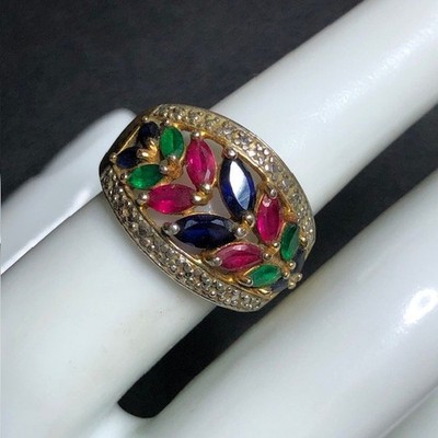 B3162 Ross Simons Vermeil Ring Gold über Sterling Rubin Saphir Smaragd Größe 7