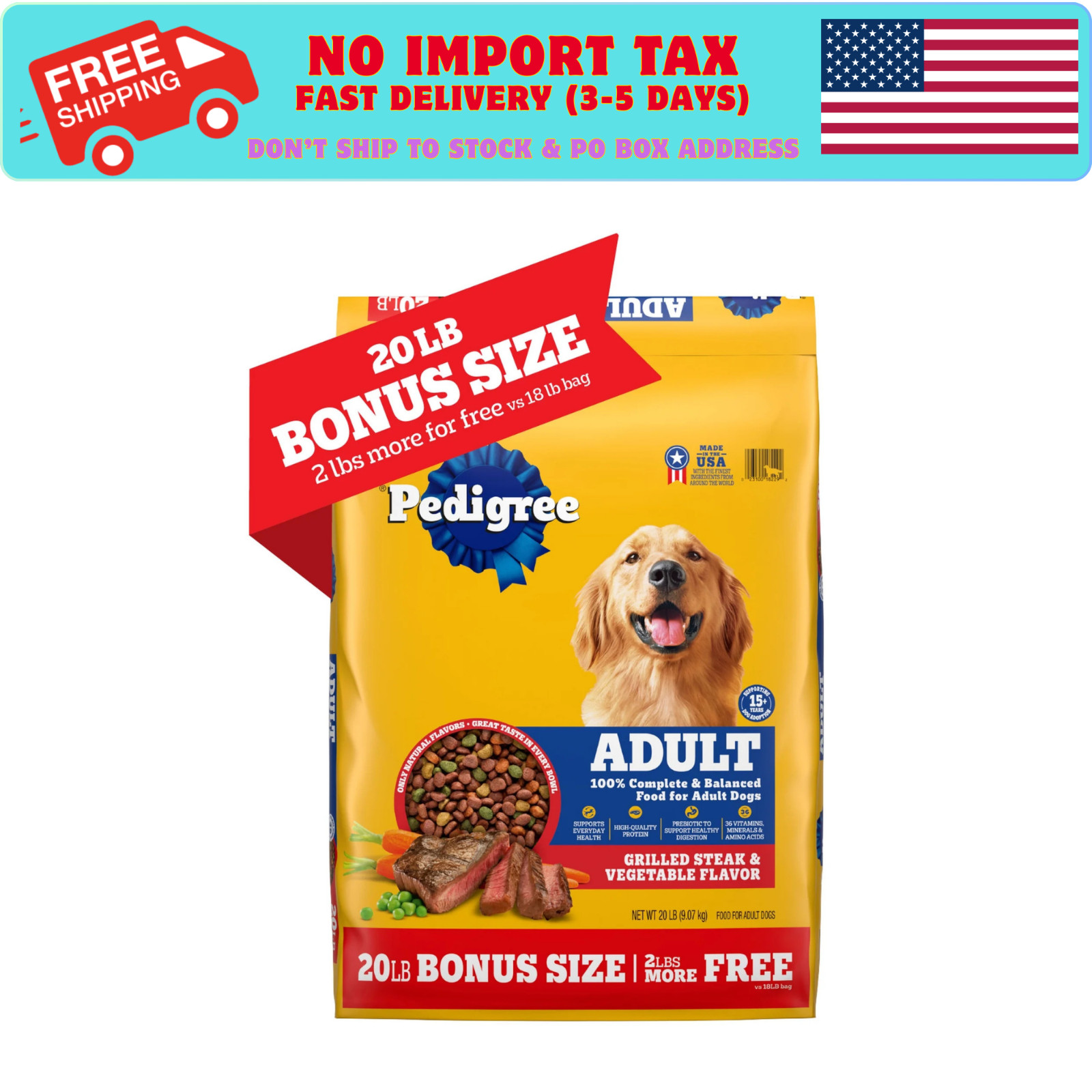 Dry Dog Food, Grilled Steak & Vegetable Flavor, BONUS SIZE 20 lb. Bag