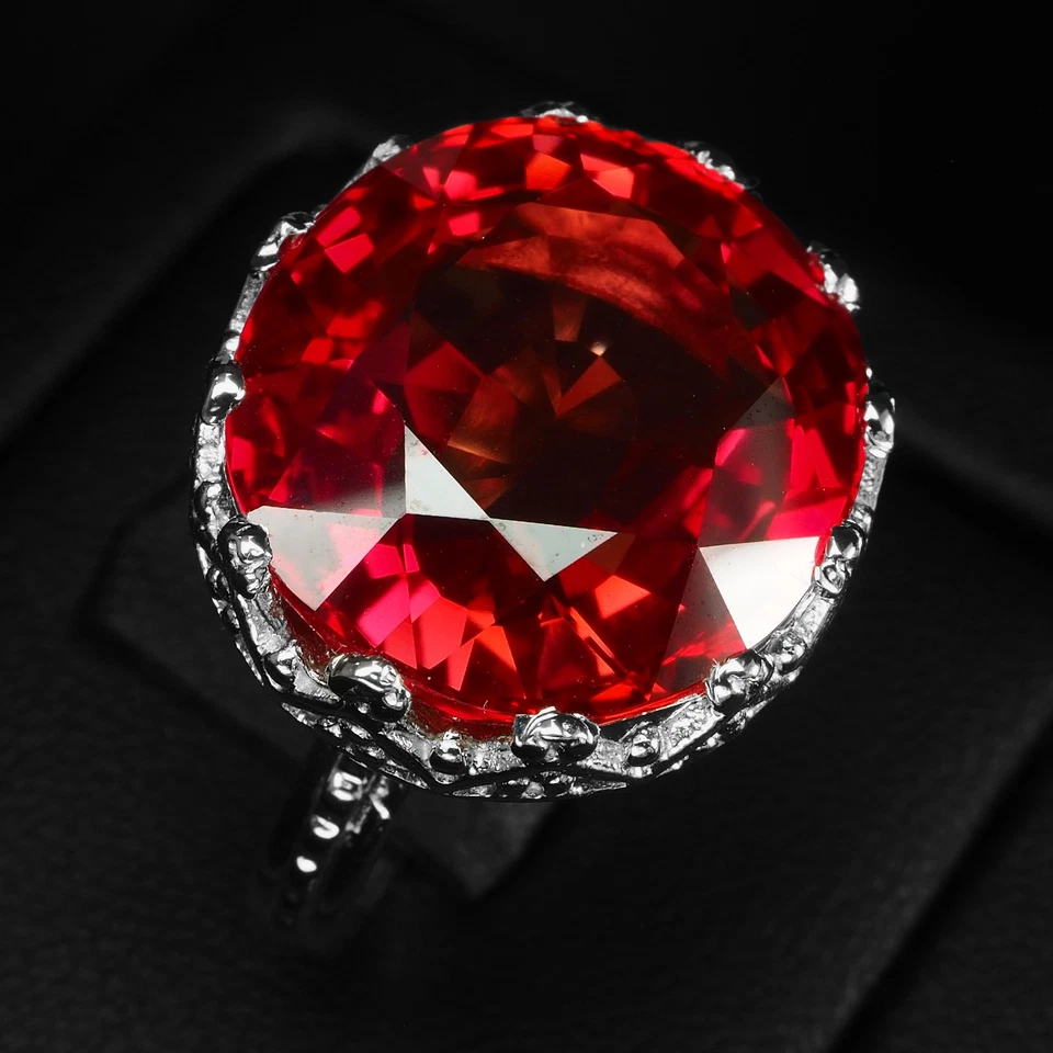 Anillos vibrantes hechos a mano de plata de ley 925 de 25,60 quilates con zafiro rojo naranja talla 6,75 Foto 3 de 4