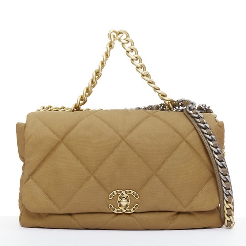 CHANEL 19 Large Flap Bag camel brown quilted canvas chain shoulder bag