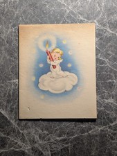Vintage Christmas Greeting Card Angel Holding Red Candle On Cloud MCM Retro