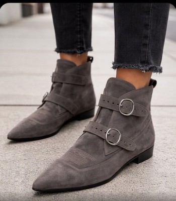 AllSaints Viv Pointed Toe Suede Bootie   EU 38  7 US  Double Buckle  NEW