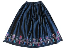 Gypsy Boho Hippie Artisan Black Embroidered Maxi Skirt Sz S Pockets Retro Folk