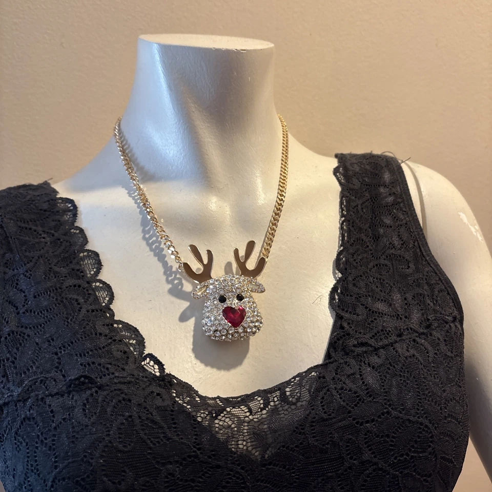 NUEVO Betsey Johnson Nariz Roja Reno Colgante Tono Dorado Collar Navidad Foto 4 de 4