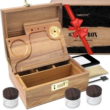 Lockable Acacia Wood Stash Box with Rolling Tray & Hygrometer – Smell Proof S...