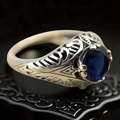 VINTAGE STYLE ROYAL BLUE SIMULATED SAPPHIRE 925 SOLID STERLING SILVER RING 1776