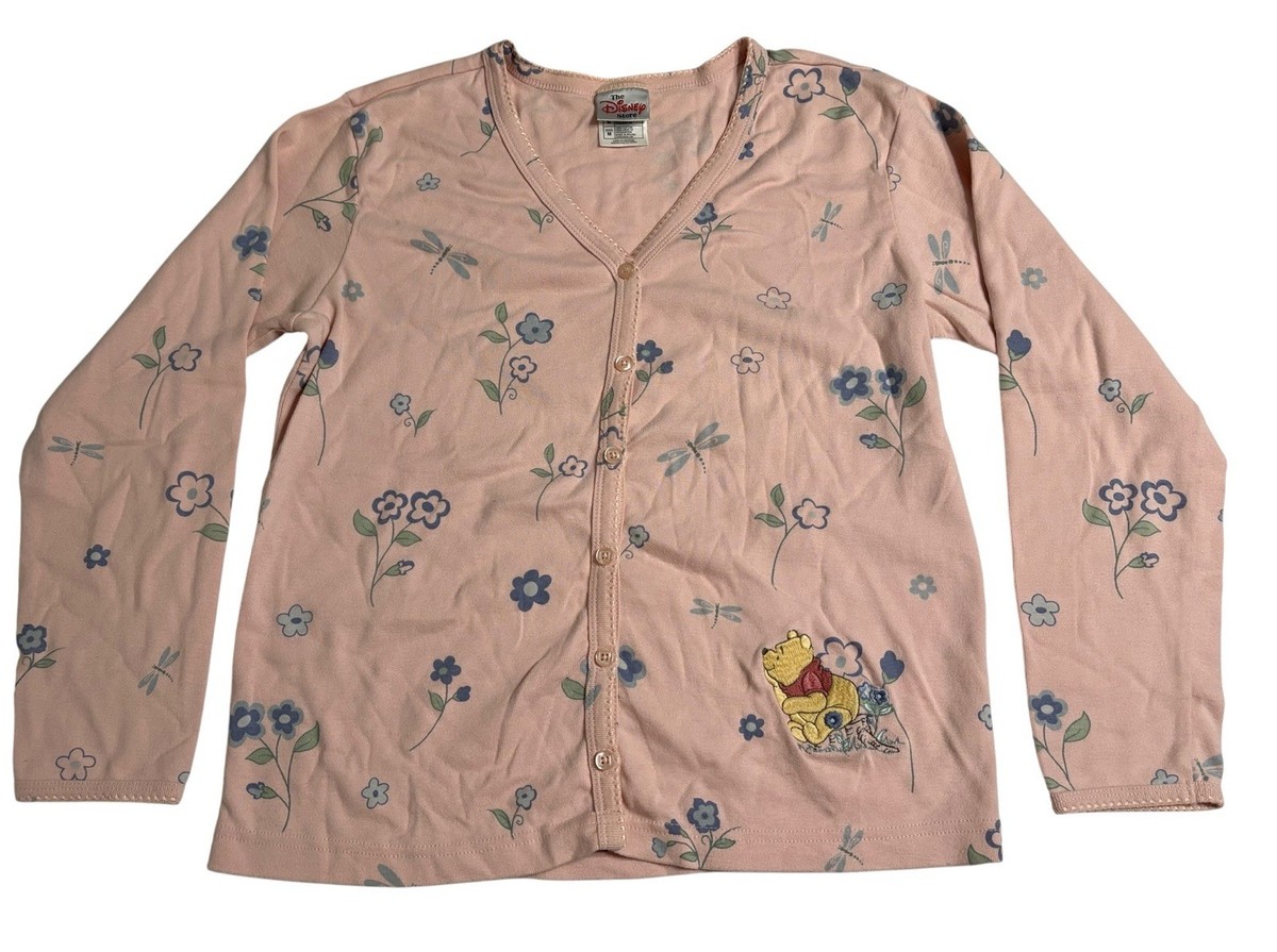 Vintage Disney Store Cardigan Sweater Embroidered Winnie the Pooh Pink Floral MD