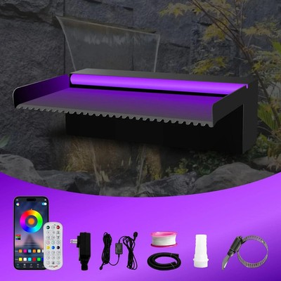 Pool Waterfall Spillway Stainless Steel Pond Fountain, APP Control Colorful LED