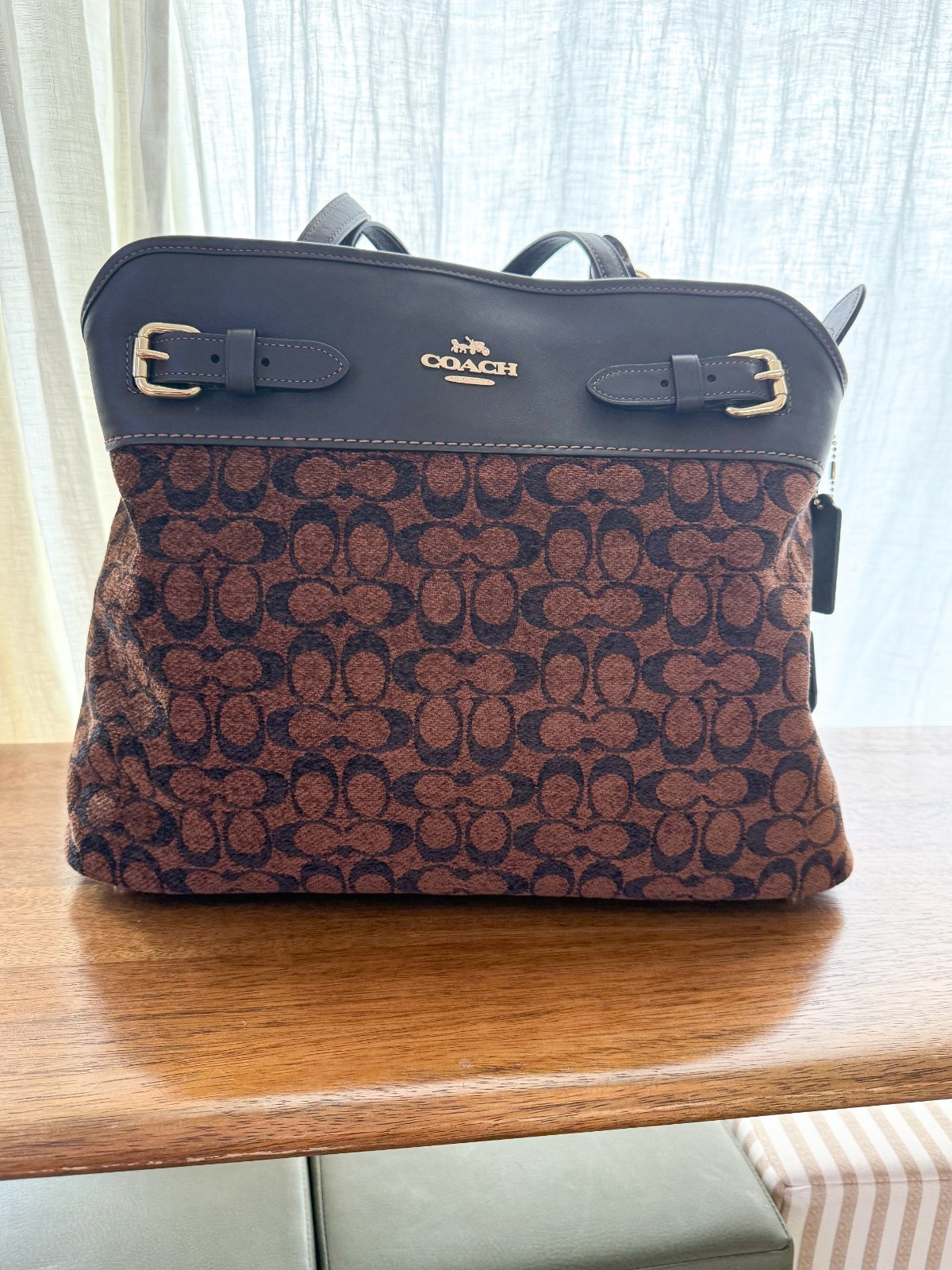 NWT COACH Easton Tote Bag In Signature Chenille - Gold/Truffle