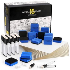 16 Pack 9x12" Double-Sided Mini White Board with 16 Pens 16 Erasers Clips
