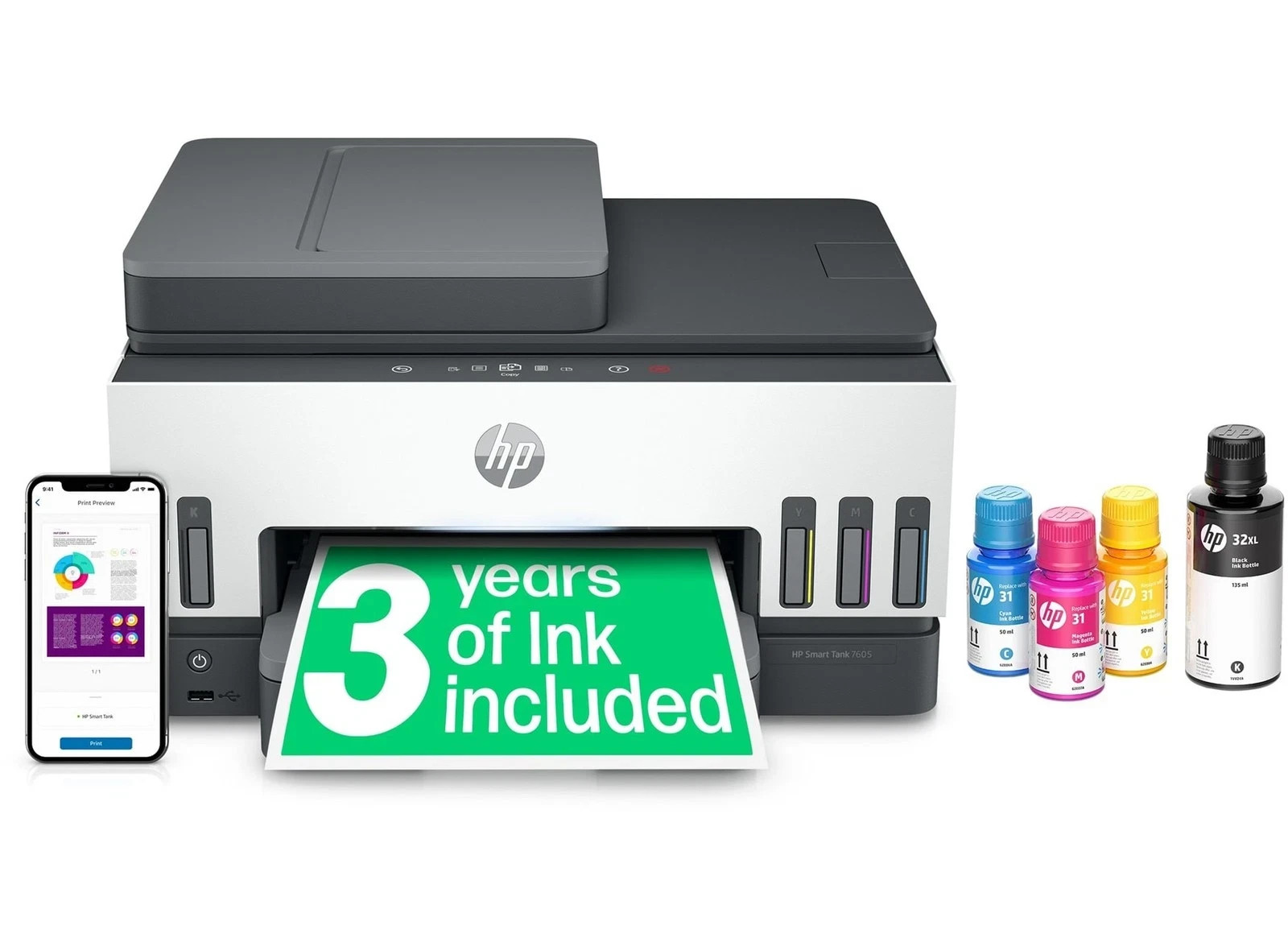 BRAND New HP Printer Smart Ink Tank 7605 AllinOne Wireless Colour + inks
