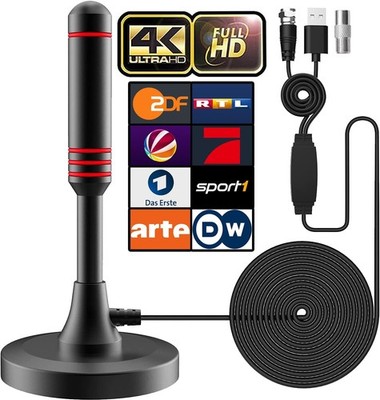 DVB T2 Antenne mit Verstärker 360 Grad Empfang 5 Meter Kabel HDTV