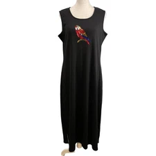 Quacker Factory Dress Size Medium Black Stretch Tank Parrot Sequins Beach Maxi