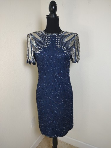 LAURENCE KAZAR NEW YORK Gorgeous Vintage 80's Sequins Beaded Blue Dress SZ MP - Picture 4 of 10
