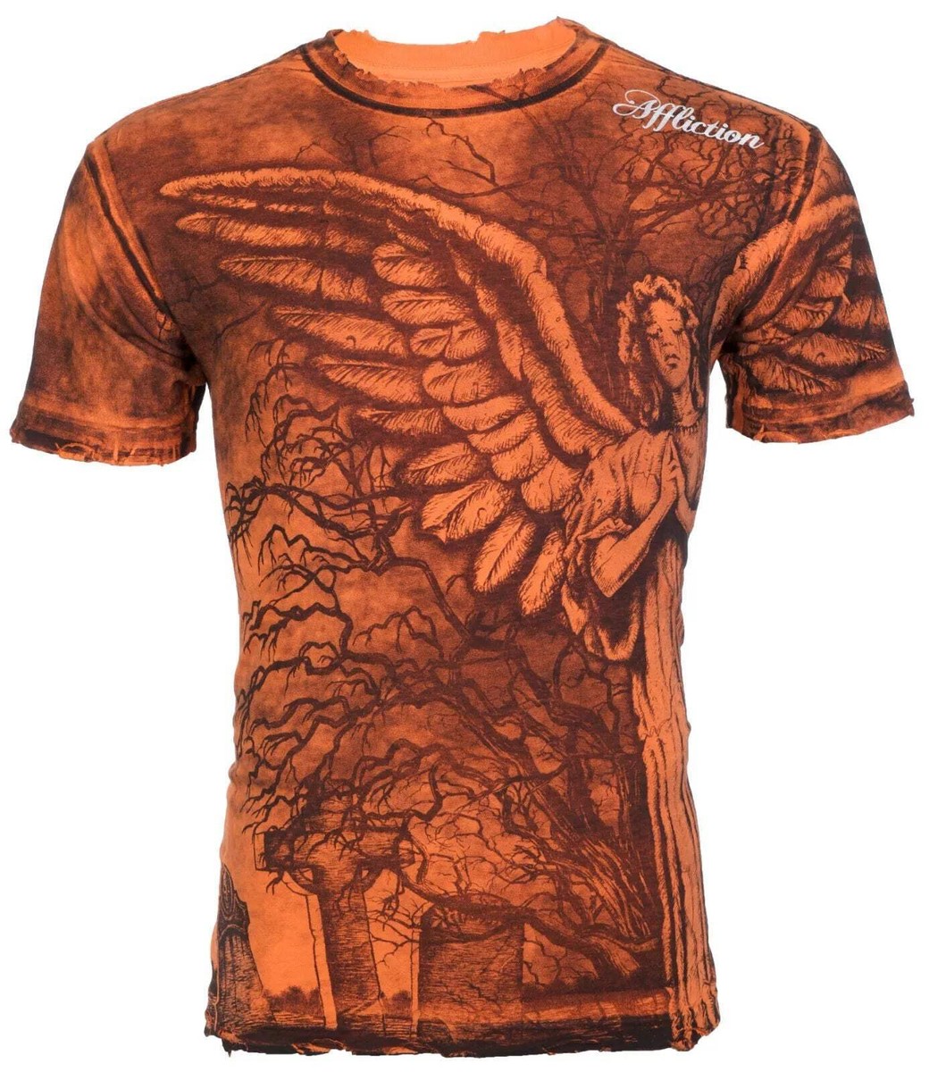 $62 AFFLICTION Orange GRAVE ANGEL Short Sleeve Slim Fit Y2K T