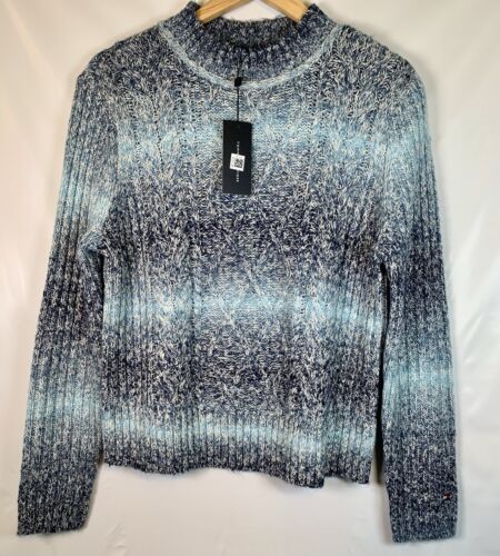 Tommy Mock Neck Cable Knit Navy Ombre Long Sleeve Sweater Women Size Medium New
