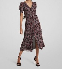 $196 Michael Kors Women's Black Paisley V-Neck Front Button A-Line Dress Size S