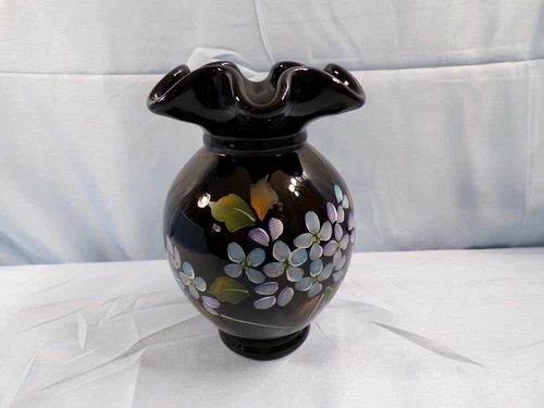 Fenton Hand Painted Black Glass Vase w/ Blue Hydrangeas Flowers Design 5 1/2"