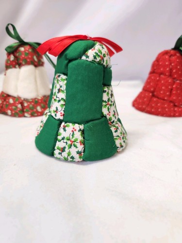 Vintage Christmas Patchwork Quilted Styrofoam Bells Set of 4 3 3/4” Tall Granny - Picture 5 of 7