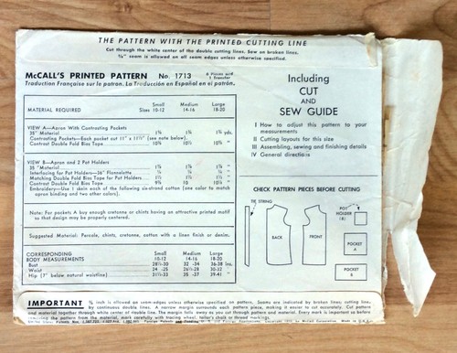 Vtg McCalls Pattern 1713 Cobbler Apron & Potholder Sz Small UNCUT With Transfer - Picture 3 of 3