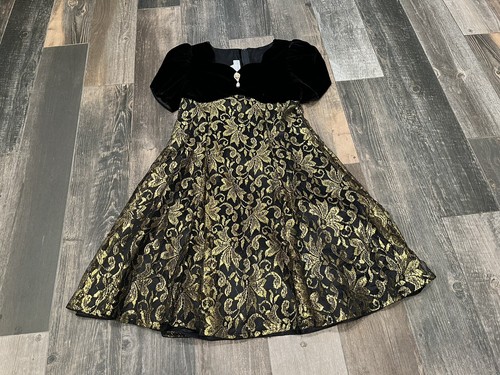 Jessica McClintock black velvet Gold metallic brocade dress Vintage Brooch Sz 14