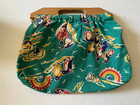 Barkcloth Knitting Bag /Tote Vintage 1940s Wood Handle Penquins Purse
