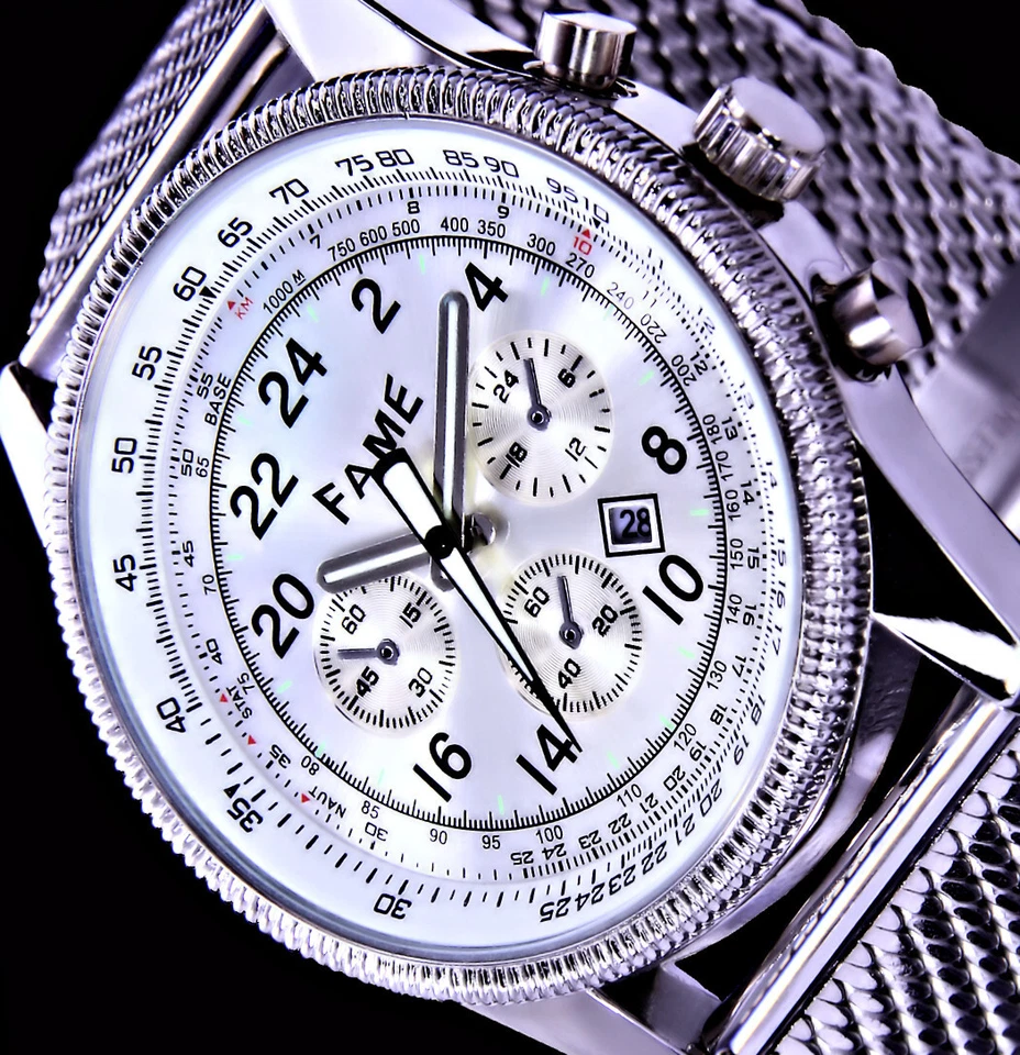 Fame Herren Mesh Armband Männer Quarz Uhr Silber Farben Datum Edelstahl SI-6 - Bild 3 von 4