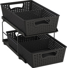 2 Tier Bathroom Organizer Tray Pull-Out Sliding Drawer/Under-Sink Storage, Black