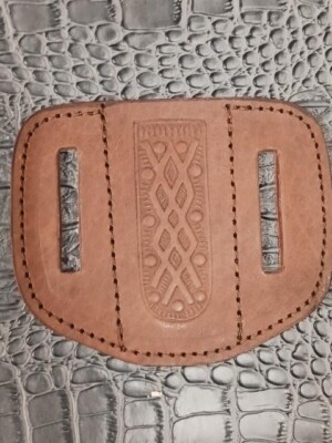 Light Brown Engraved in Middle Open Top Belt Loop Pocket Knife Leather Sheath