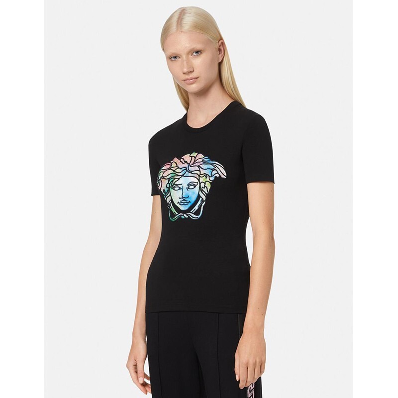 40 NEW $725 VERSACE Black LOGO RAINBOW MEDUSA CRYSTAL Fitted T 