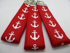 Anchors on Red Ribbon on Strong Webbing Key Fob Keychain Wristlet- Ocean Boating