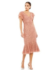 Mac Duggal Sequined V Neck Flutter Cap Sleeve Trumpet DressIn Rose Gold Size 2