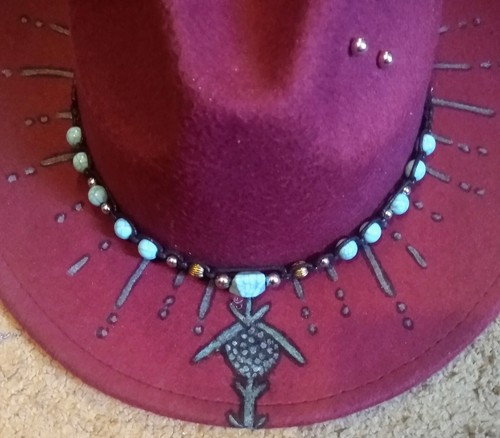 Beautiful Cranberry Fedora Hand Painted Beaded Hat and Silver Studs - Picture 6 of 7