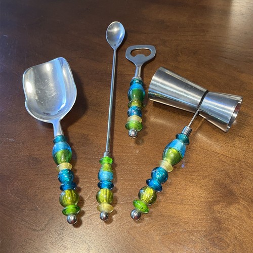 Barware Tool 4 Piece Set Aqua Teal Glass Beaded Handle Cocktail Artsy Bartender