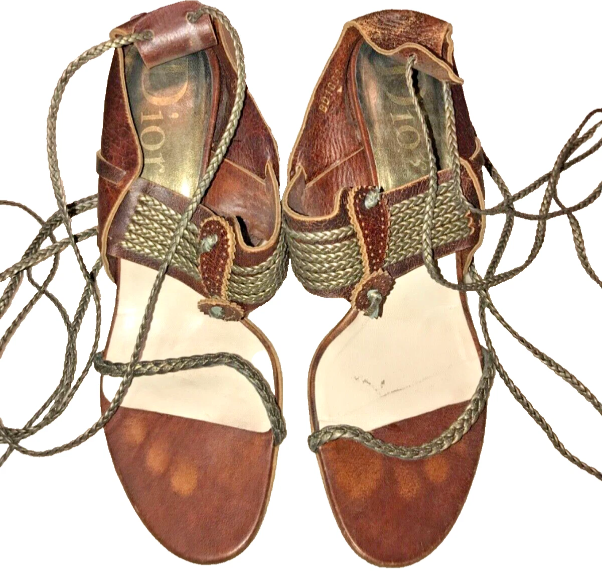 Christian Dior Brown Leather Braided Open Toe Wrap Heel Sandals 39.5