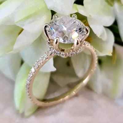 2,95 TCW Rundschliff Moissanit versteckter Halo Set Verlobungsring 9 kt Gelbgold