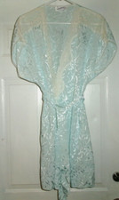 Vintage Lily of France Lacy Short Robe, Size Small Aqua Wrapper with Belt