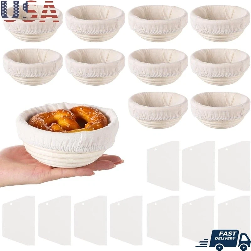 10 Pack Round Rattan Banneton Baskets W/ Cloth Liners & Dough Scrapers New