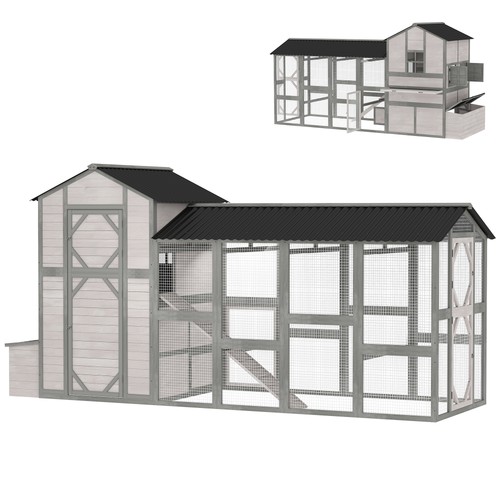 PawHut 147" Extra Large Chicken Coop Wooden Hen House 8-10 Hens Run, Gray