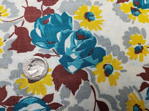 BEST Vintage Feedsack Flour Sack Fabric 40s Turquoise Roses Yellow Quilt Remnant