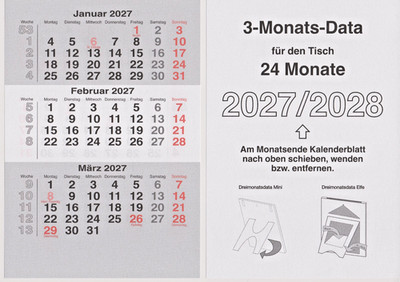 Kalenderblätter 3 Monatskalender 2027 - 2028 / Ersatzblätter Tischkalender Vela