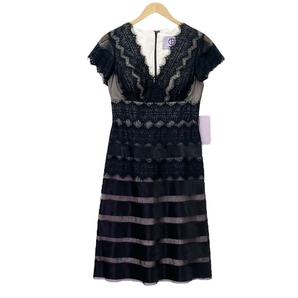 NWT JS Collections Black Nude Lace Illusion Midi Dress Sheer Stripe Size 6 NEW - Image 2 of 4