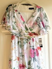 NWT Betsy  Adam Long chiffon Floral Flare Sleeve Dress white/Multi Size: 6 269