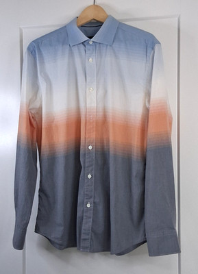 Bugatchi Ocean Ombre Stripe Button Front Shirt Men's Large Blue Peach Long Sleev