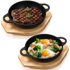 2 Sets Mini Cast Iron Skillet with Wooden Base Small Cast Iron Plates Skillet...