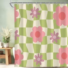 Shower Curtain Retro Pink Green Floral Checkered Funky Groovy 70s 72x72 Inch