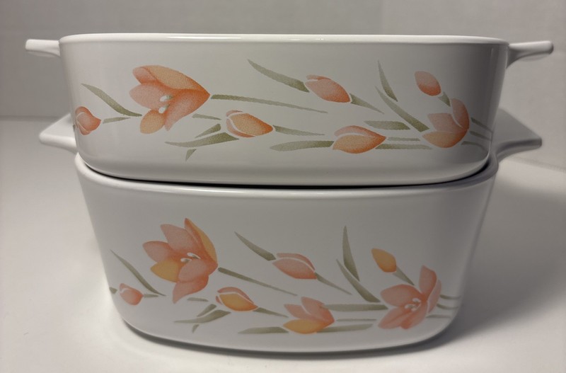 Corning Ware Peach Floral Pair (2) Casserole Dishes 1 L  And 1.5 L No Lids