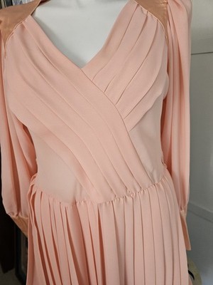 Vtg 70s 80s Peach Pleated Midi Dress Secretary Lantern Sleeve Sz 13/14 12-14 Fit